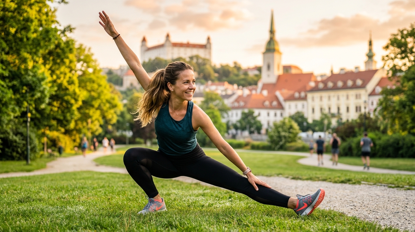 Žena cvičí v prírode počas východu slnka, plná energie a vitality